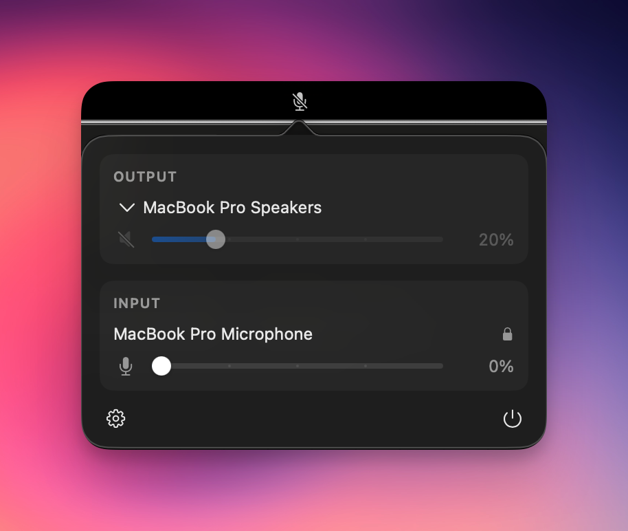 Resonance menu bar panel showing muted mic, locked devices, and audio controls