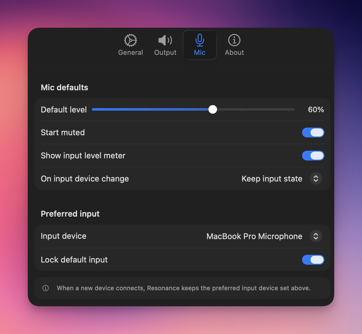 Resonance Default Devices settings showing Lock default input and Lock default output toggles