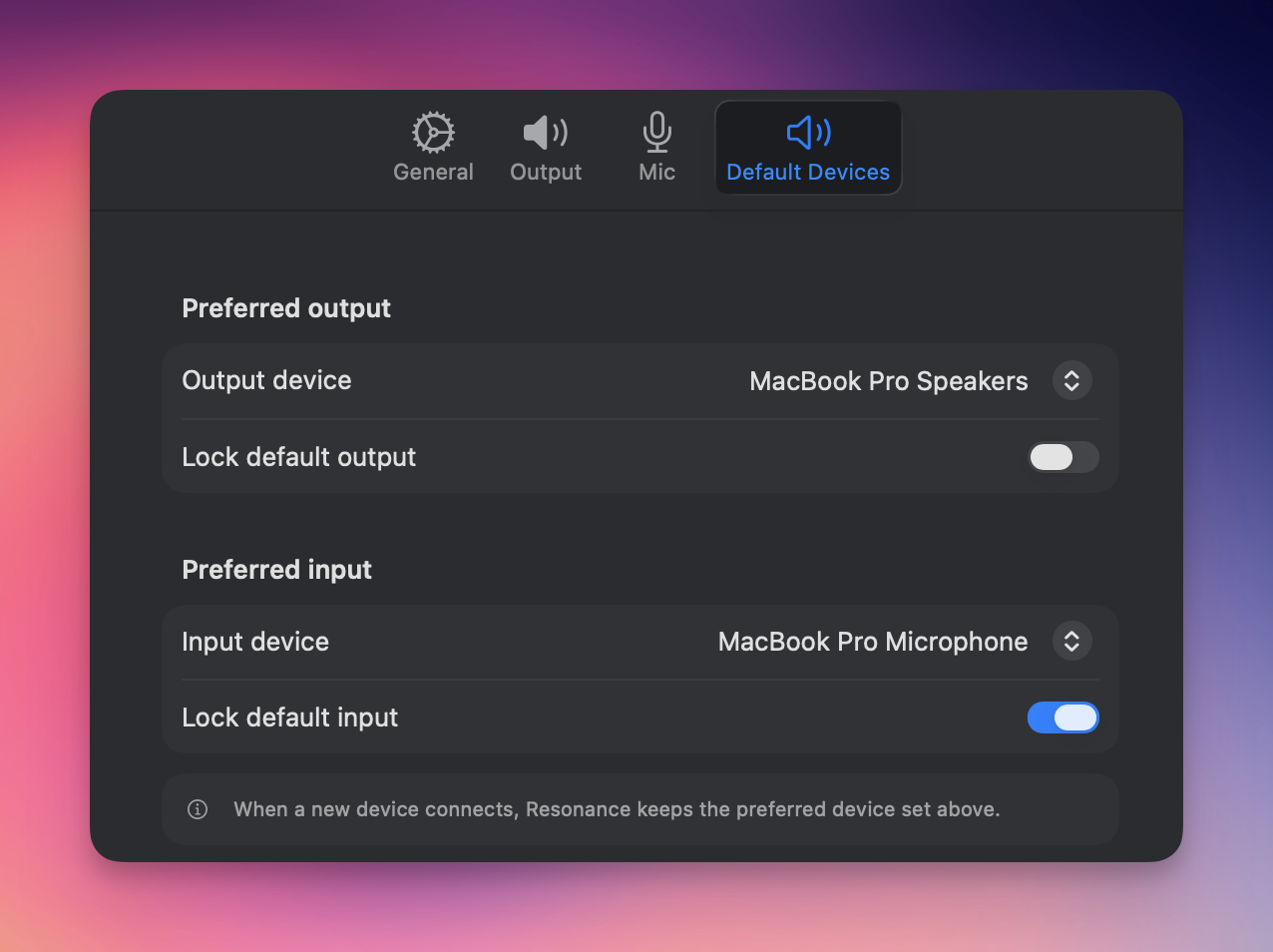 Resonance Default Devices settings showing Lock default input and Lock default output toggles