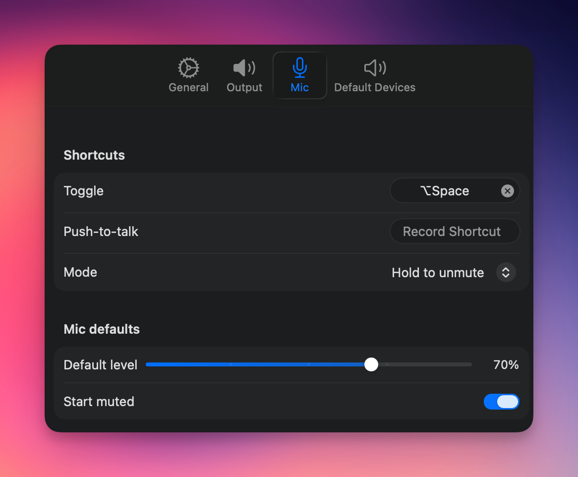 Resonance Mic tab showing Toggle shortcut and Push-to-talk shortcut