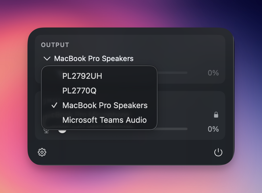 Resonance menu bar dropdown with output device picker open , no System Settings needed
