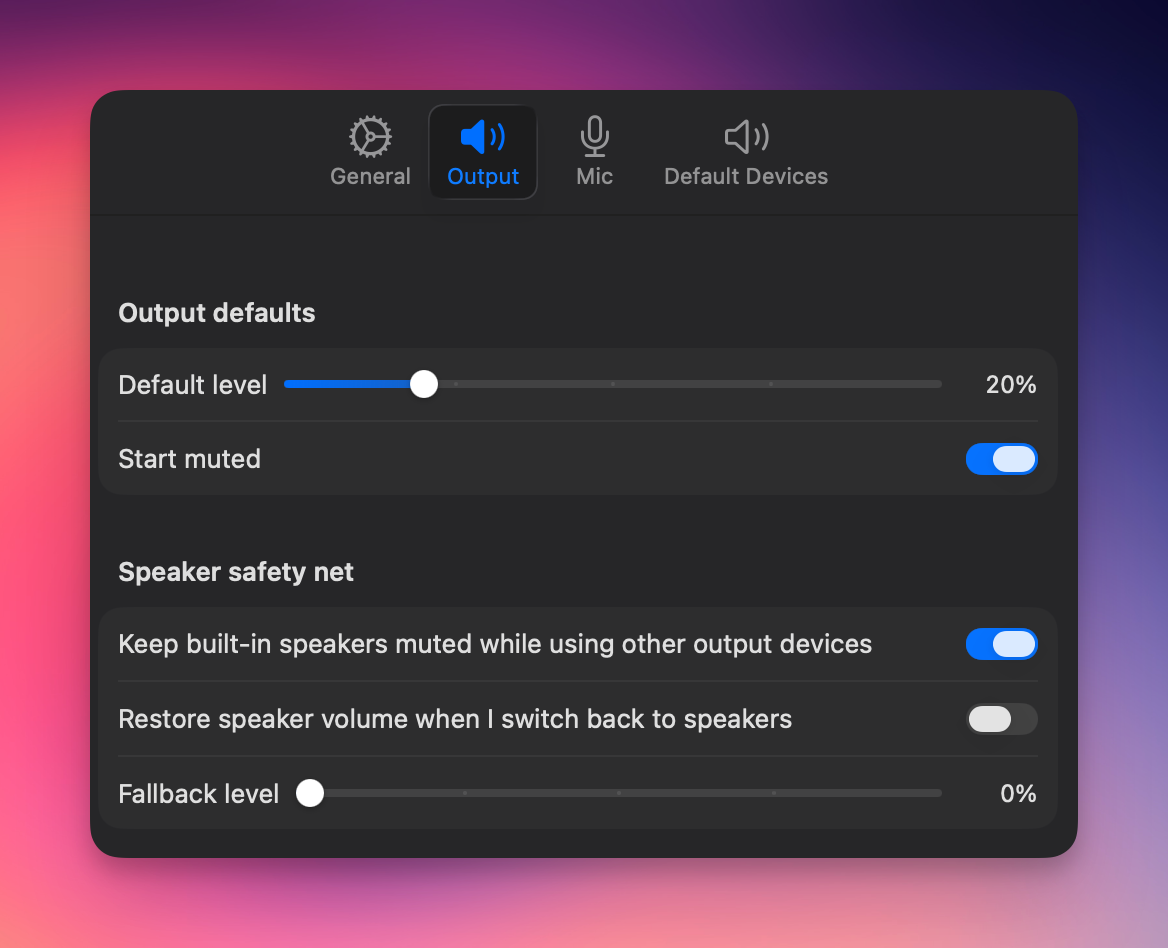Resonance Output settings showing Start muted toggle and Speaker safety net