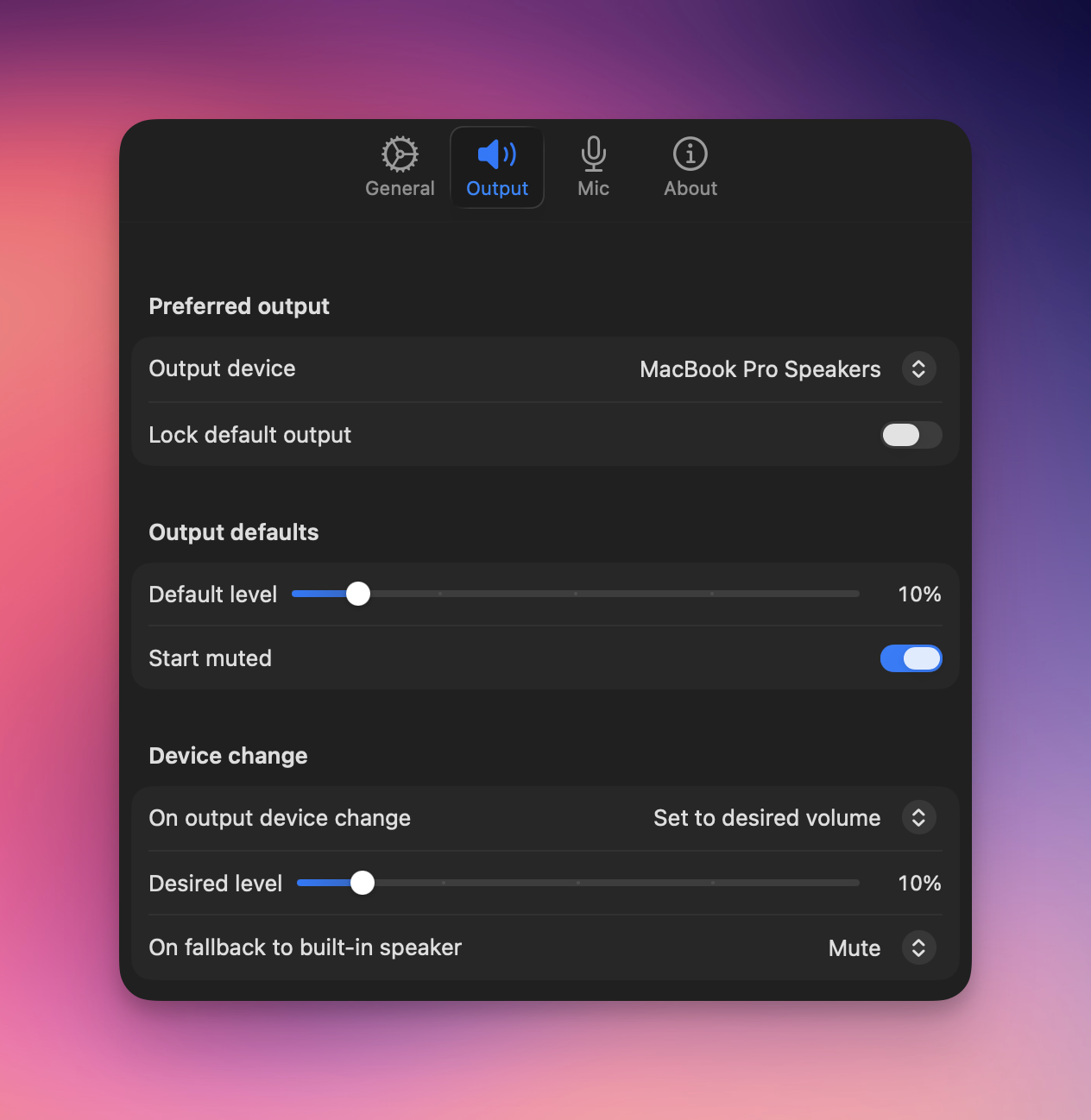 Resonance Output settings showing Start muted toggle and Speaker safety net