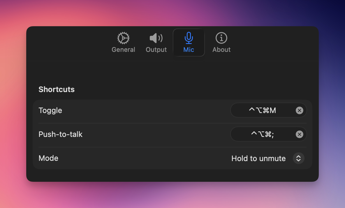 Resonance Mic tab showing Toggle shortcut and Push-to-talk shortcut