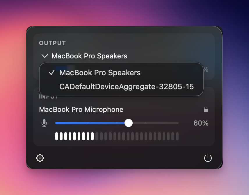 Resonance menu bar dropdown with output device picker open , no System Settings needed